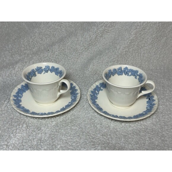 Wedgewood Embossed Queensware Cup & Saucer Ivory And Blue Set of 2 - Picture 1 of 8